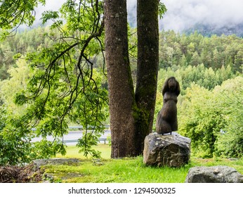 Flatdal, Norway - Sep 8 2018: A Statue In The Garden Of A Boutique Hotel In Flatdal.