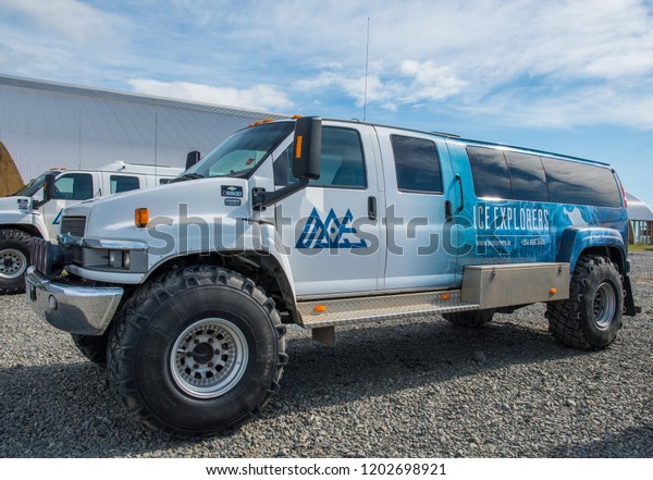 Flatey Iceland - August 18. 2018: Specially\
build Chevrolet Kodiak bus on big\
tires