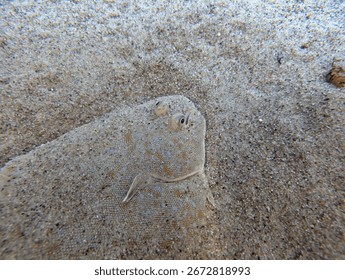 A flatfish blends seamlessly into the sandy seabed, showcasing its expert camouflage. This spectacular view highlights the beauty of marine life in tropical waters, captured during a dive.