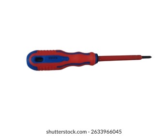Flathead screwdriver with a red and blue rubberized handle, isolated on a white background. Designed for electrical work, maintenance, and general repair tasks.