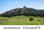 The Flatirons in Boulder, Colorado with Hiking Trail and Pine Trees taken from Chautauqua Park, Clear Day, Very Light Clouds, Summer 2017 