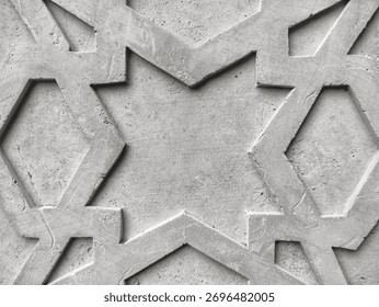 Flat-lay background of an Islamic geometric pattern carved into raw, grey concrete. The intricate, repeating lines and stars create a modern, minimalist texture. Perfect for Islamic architecture 