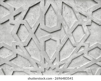 Flat-lay background of an Islamic geometric pattern carved into raw, grey concrete. The intricate, repeating lines and stars create a modern, minimalist texture. Perfect for Islamic architecture