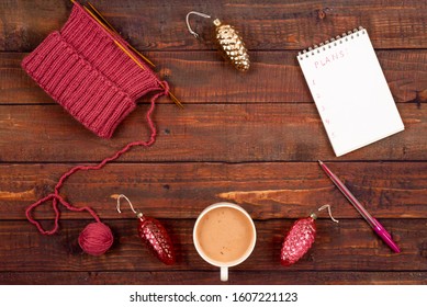 Flatlay background with knitting, coffee and a copyspace