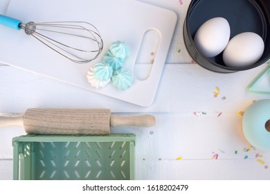 Flatlay Baking Tools In A Pastel Mint Blue On A White Wooden Table Easter Brunch Concept