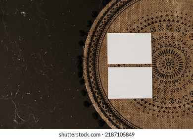 Flatlay Of Blank Paper Cards On Wicker Rug. Business Template. Top View, Flat Lay Minimalist Aesthetic Business Branding Concept