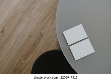 Flatlay Of Blank Paper Cards On Grey Table. Business Template. Top View, Flat Lay Minimalist Aesthetic Business Branding Concept