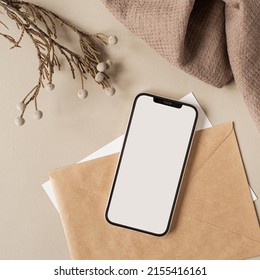 Flatlay of blank screen mobile phone, linen cloth on neutral beige background. Aesthetic home office desk workspace. Lady, girl boss business, work, blog template with mockup space. Flat lay, top view - Shutterstock ID 2155416161