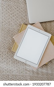 Flatlay Of Blank Screen Tablet Pad On Wicker Bench With Notebook. Aesthetic Flat Lay, Top View Blog, Social Media, Template.