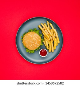 Flat-lay Burger And Fries On Plate