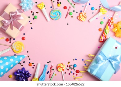 Flatlay Composition With Accessories For A Party Or Birthday On A Colored Background With Place For Text Top View.
