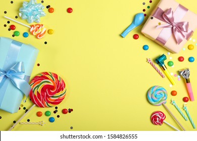 Flatlay Composition With Accessories For A Party Or Birthday On A Colored Background With Place For Text Top View.
