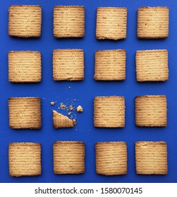 Flatlay Of Cookies In A Row And One Eaten With Crumbs Left