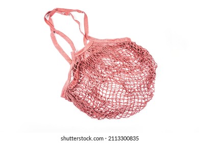 Flatlay With Mesh String Produce Bag Isolated On White Background. Zero Waste Concept.