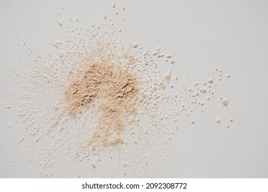 Flatlay Neutral Beige Beauty Cosmetic Powder. Aesthetic Minimalist Cosmetics Swatch