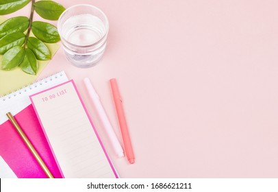 Flatlay with planner, pen, to do list, glass of water, green leaf, pink background