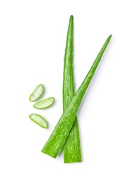 Flatlay (top View) Of Aloe Vera Cutting  Leaves With Sliced And Water Drops Isolated On White Background.