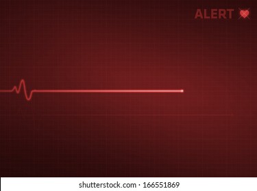 Flatline Blip On A Medical Heart Monitor EKG (electrocardiogram) With Red Background And Heart Symbol.