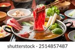 Flavorful shabu-shabu: thinly sliced beef and fresh vegetables cooked quickly in a bubbling pot of savory broth, served with dipping sauces and a side of steamed rice for a customizable, interactive m