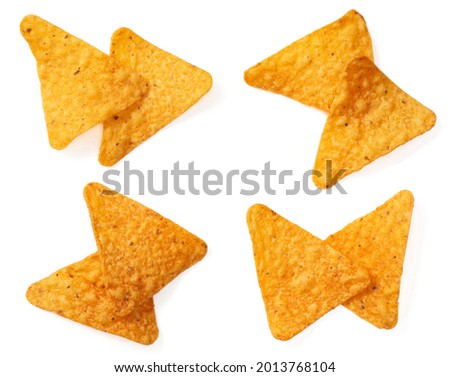 Flavoured corn chips isolated on white background, top view