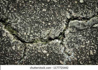 Flaws and defects give to weakness shown by cracked pavement.  Imperfections and rough asphalt.