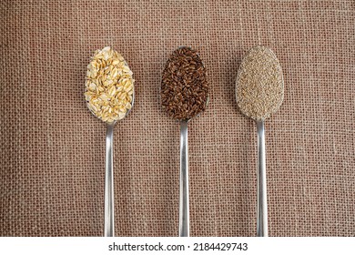 Flax, Chia And Oats On The Background Of Burlap