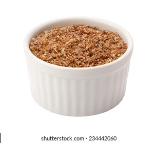 Flax Seed Meal In A White Ramekin. The Point Of View Is Straight On. The Subject Is Isolated On White And Includes A Clipping Path.