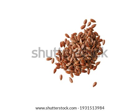 Flax seeds isolated on white background. Top view and space for text.