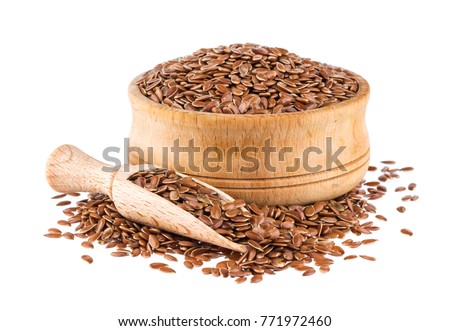Flax seeds isolated on white background, close up of flaxseed in wooden scoop and bowl