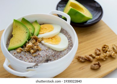 Flaxseed Porridge With Avocado And Egg. Detox Breakfast. Healthy Anti-age Porridge