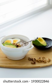 Flaxseed Porridge With Avocado And Egg. Detox Breakfast. Healthy Anti-age Porridge