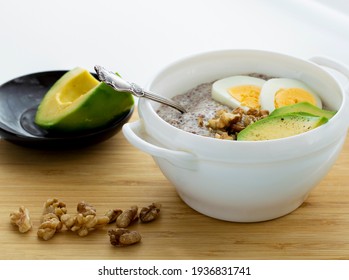 Flaxseed Porridge With Avocado And Egg. Detox Breakfast. Healthy Anti-age Porridge