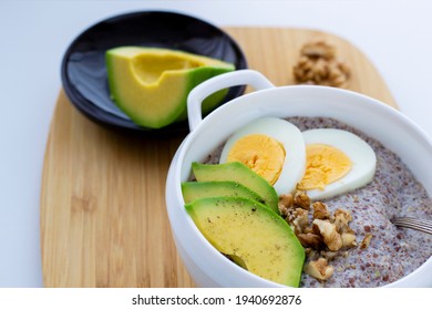 Flaxseed Porridge With Avocado And Egg. Detox Breakfast. Healthy Anti-age Porridge