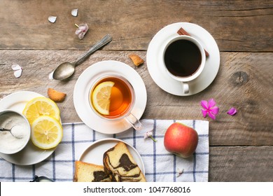 Flay Lat Afternoon Coffee And Tea Break With Snack On Rustic Wooden Table Top. 