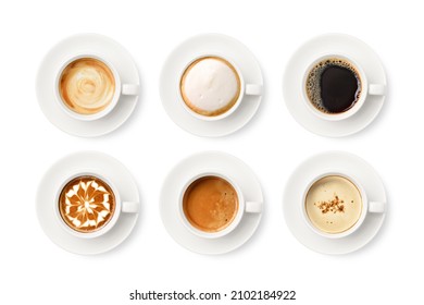 Flay Lay Of Coffee Cup Assortment Isolated On White Background.