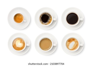 Flay lay of coffee cup assortment isolated on white background.