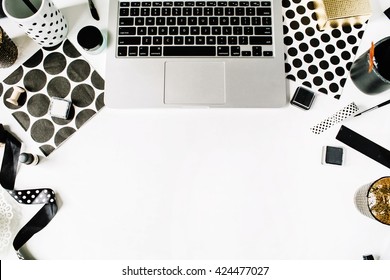 Flay Lay Composition For Bloggers, Artists, Magazines And Social Media. Freelancer Black Style Workspace With Laptop, Napkins, Ribbons, Paintbrushes On White Background.