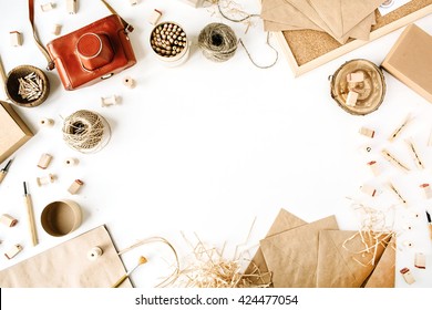 Flay Lay Composition For Bloggers, Artists, Magazines And Social Media. Freelancer Retro Brown Style Workspace With Vintage Photo Camera, Craft Envelope, Pencils, Tools And Twine On White Background.