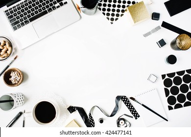 Flay Lay Composition For Bloggers, Artists, Magazines And Social Media. Freelancer Black Style Workspace With Laptop, Black Coffee, Sketchbook, Napkins, Ribbons, Paintbrushes On White Background.