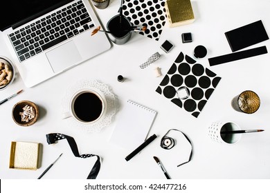 Flay Lay Composition For Bloggers, Artists, Magazines And Social Media. Freelancer Black Style Workspace With Laptop, Black Coffee, Sketchbook, Napkins, Ribbons, Paintbrushes On White Background.