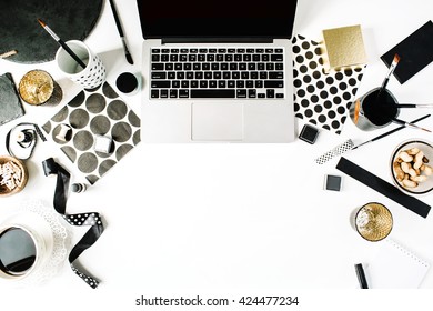 Flay Lay Composition For Bloggers, Artists, Magazines And Social Media. Freelancer Black Style Workspace With Laptop, Black Coffee, Napkins, Ribbons, Paintbrushes On White Background.