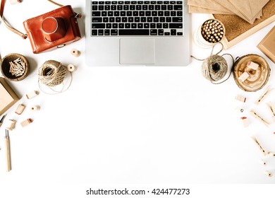 Flay Lay Composition For Bloggers, Artists, Magazines And Social Media. Freelancer Retro Brown Style Workspace With Laptop, Vintage Photo Camera, Craft Envelope, Tools And Twine On White Background.