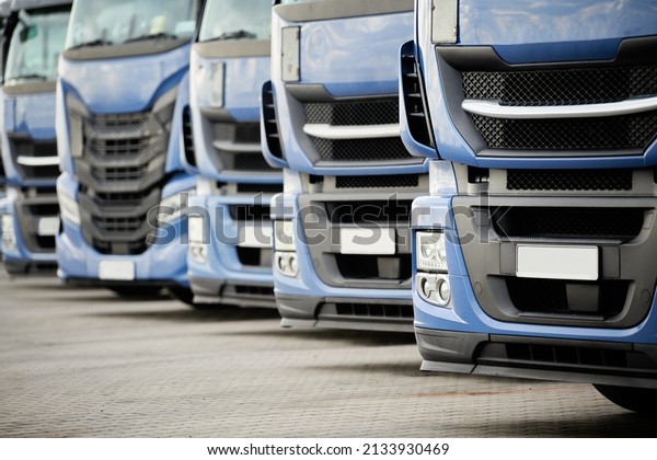 Fleet of commercial lorry trucks in row.\
Logistics and transportation\
service