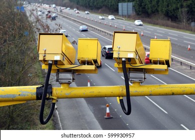 Fleet, Hampshire, UK - March 11th 2017: Average Speed Cameras In Operation On The M3 Motorway To Reduce Vehicle Speed To Safe Limits In Roadworks