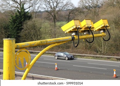 Fleet, Hampshire, UK - March 11th 2017: Average Speed Cameras In Operation On The M3 Motorway To Reduce Vehicle Speed To Safe Limits In Roadworks