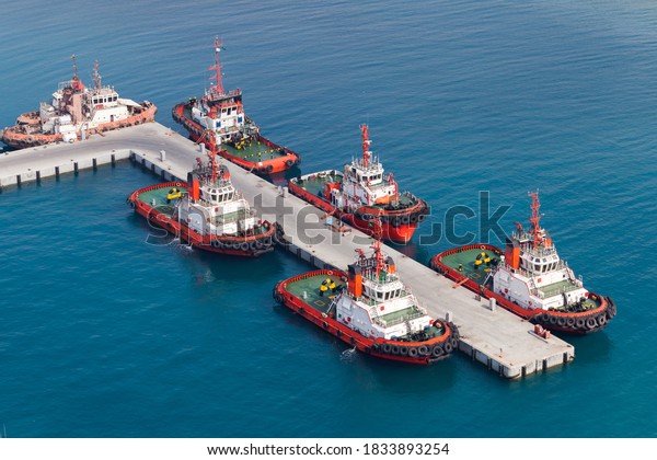 Fleet of tug\
boats moored in a port. Aerial\
view