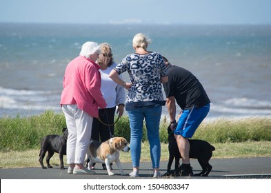 Fleetwood, Lancashire/UK - July 18th 2019: A Group Of  Dog Walkers Stood Chatting On A Coastal Path On A Warm Bright Summer's Day With The Sea And Blue Sky In The Background