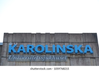 FLEMINGSBERG, HUDDINGE, SWEDEN - MARCH 30, 2018: Sign Above The Main Entrance To Karolinska Universitetssjukhuset (university Hospital) In Flemingsberg, Sweden