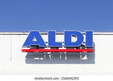 Flensburg, Germany - June 4, 2016: Aldi sign on a wall. Aldi is a leading global discount supermarket chain with over 9 000 stores in 18 countries