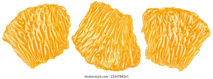 Flesh of orange clementine citrus fruit isolated on white background with clipping path. Tangerine pulp. Set of mandarin